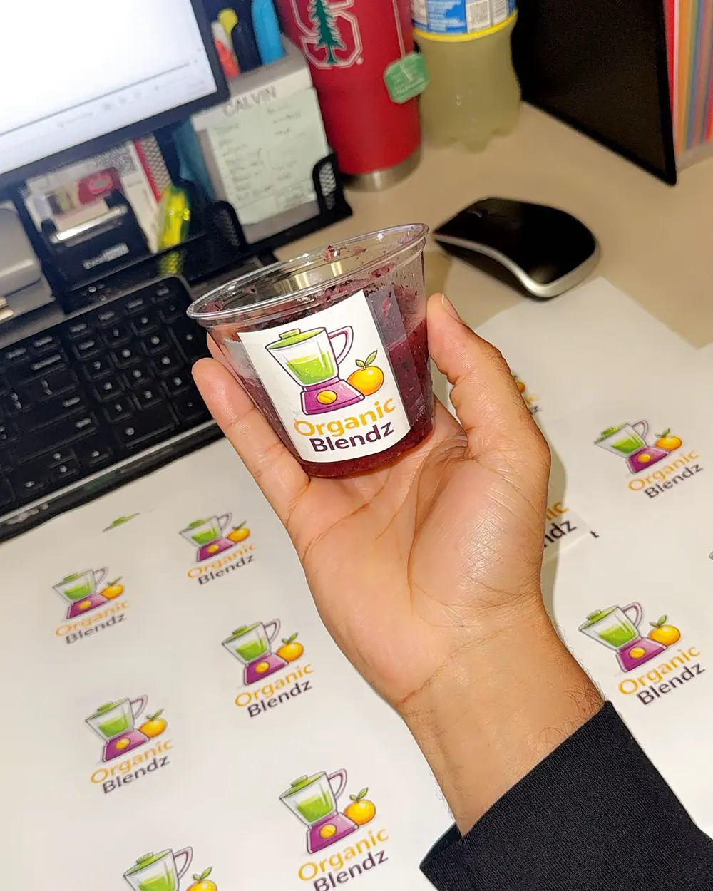Organic Blendz — Bay Area real-fruit smoothie line by chef Coach Cal, branded cup and Palo Alto-ready label sheets