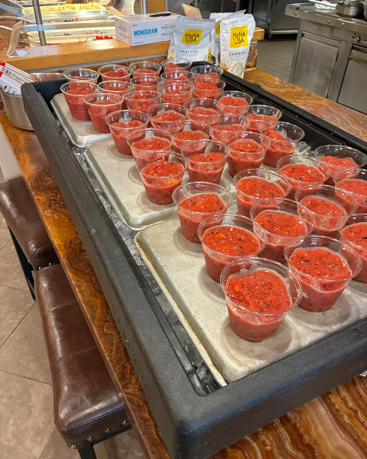 Organic Blendz strawberry smoothie cups by the tray — Bay Area commercial-kitchen smoothie production